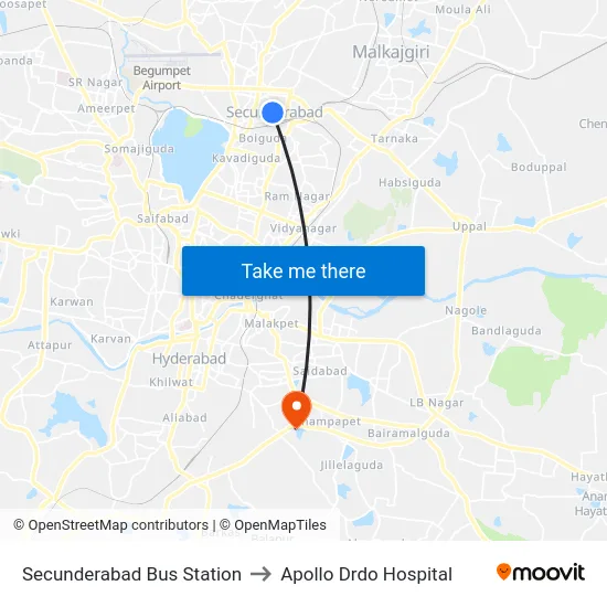 Secunderabad Bus Station to Apollo Drdo Hospital map