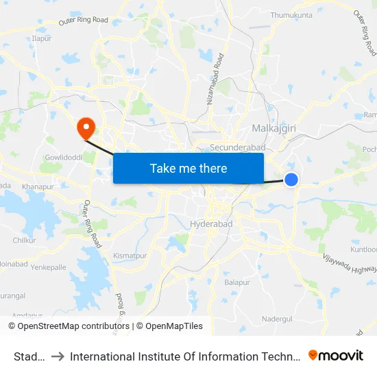 Stadium to International Institute Of Information Technology, Hyderabad map