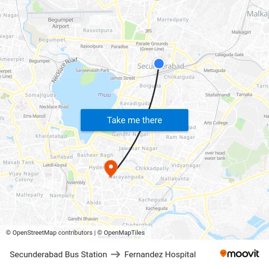 Secunderabad Bus Station to Fernandez Hospital map