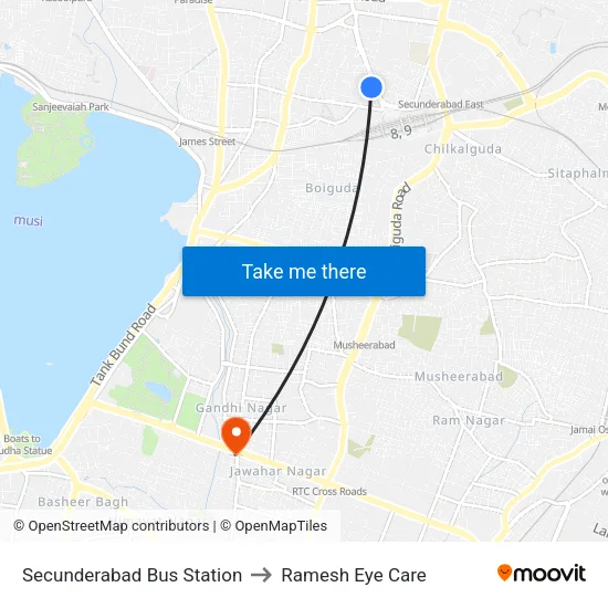 Secunderabad Bus Station to Ramesh Eye Care map