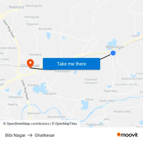 Bibi Nagar to Ghatkesar map
