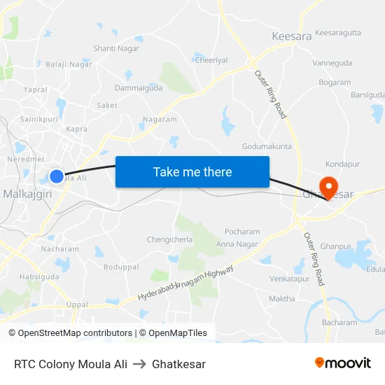 RTC Colony Moula Ali to Ghatkesar map
