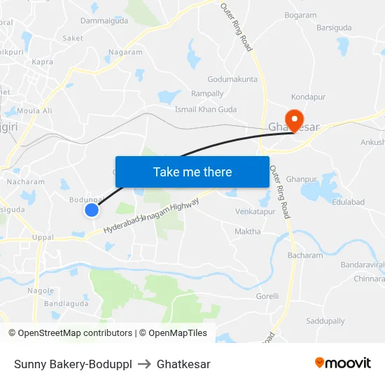 Sunny Bakery-Boduppl to Ghatkesar map