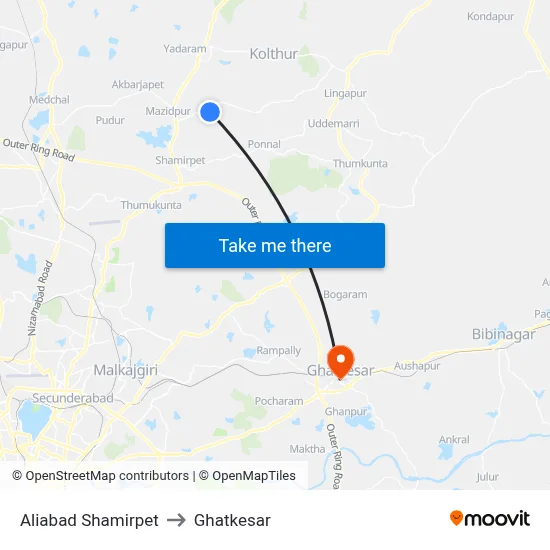 Aliabad Shamirpet to Ghatkesar map