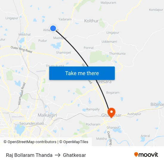 Raj Bollaram Thanda to Ghatkesar map