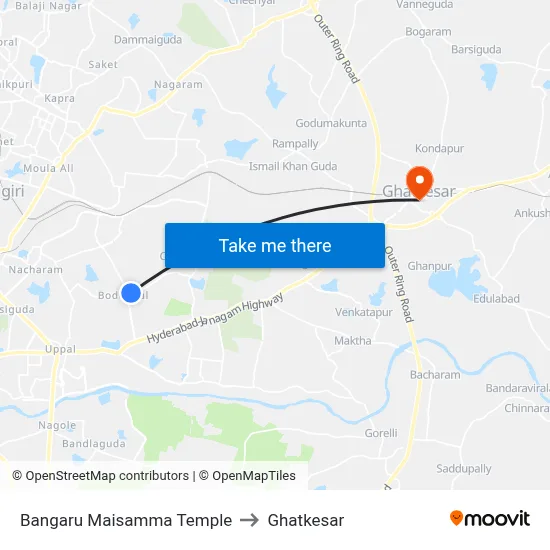 Bangaru Maisamma Temple to Ghatkesar map