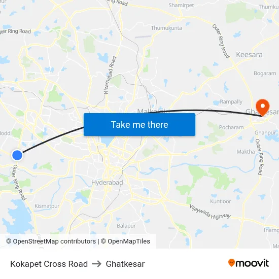 Kokapet Cross Road to Ghatkesar map