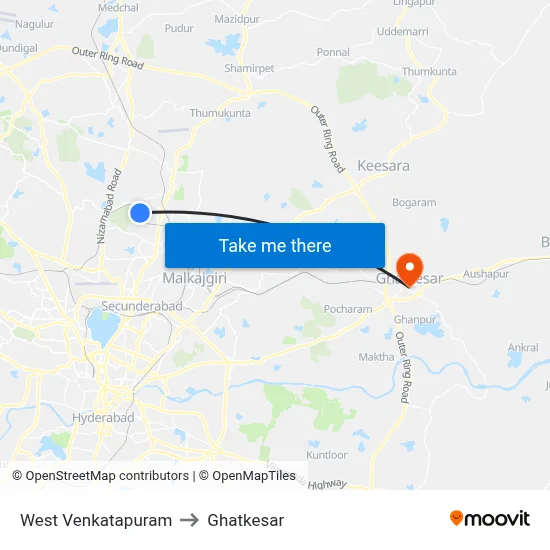 West Venkatapuram to Ghatkesar map