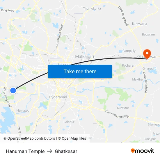 Hanuman Temple to Ghatkesar map