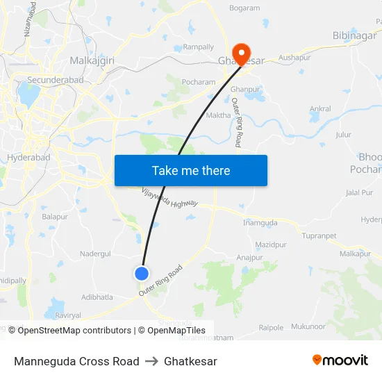 Manneguda Cross Road to Ghatkesar map