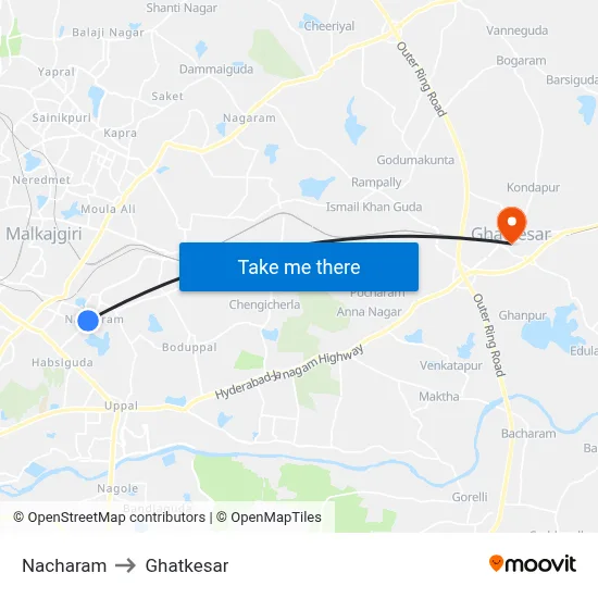 Nacharam to Ghatkesar map