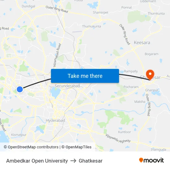 Ambedkar Open University to Ghatkesar map