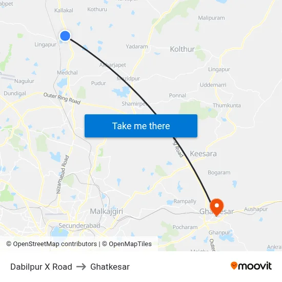Dabilpur X Road to Ghatkesar map
