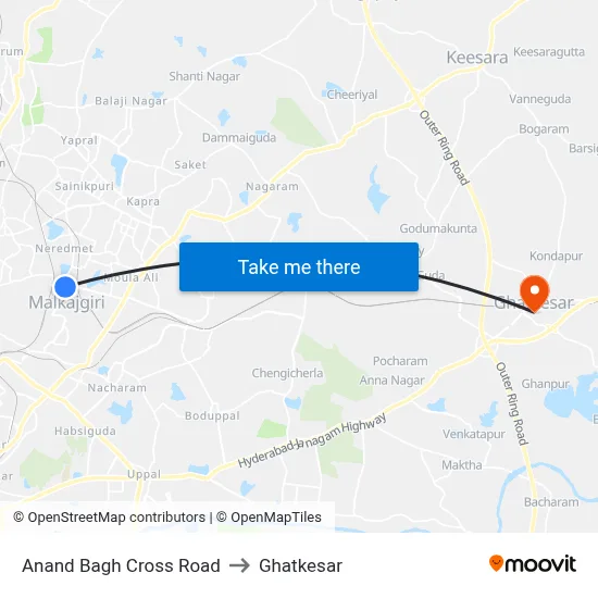 Anand Bagh Cross Road to Ghatkesar map
