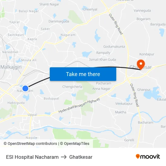 ESI Hospital Nacharam to Ghatkesar map