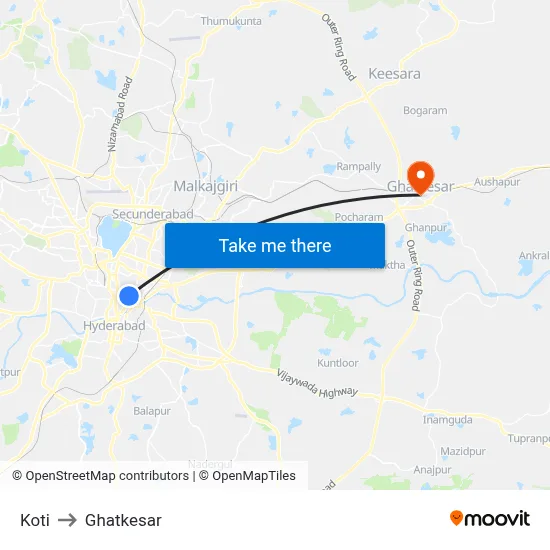 Koti to Ghatkesar map