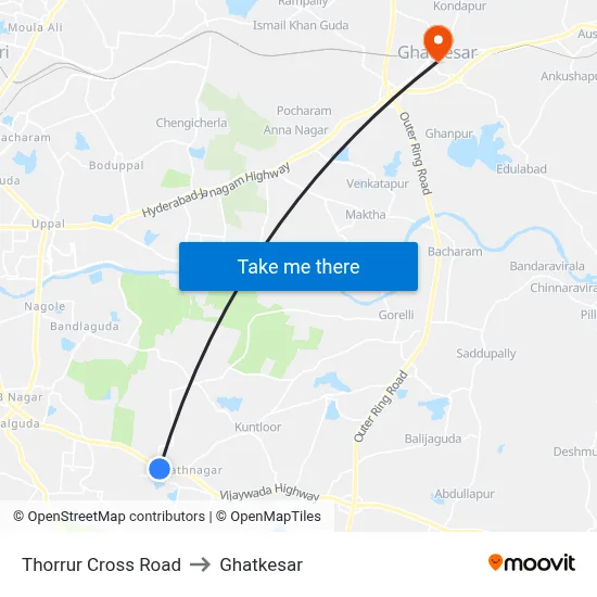 Thorrur Cross Road to Ghatkesar map