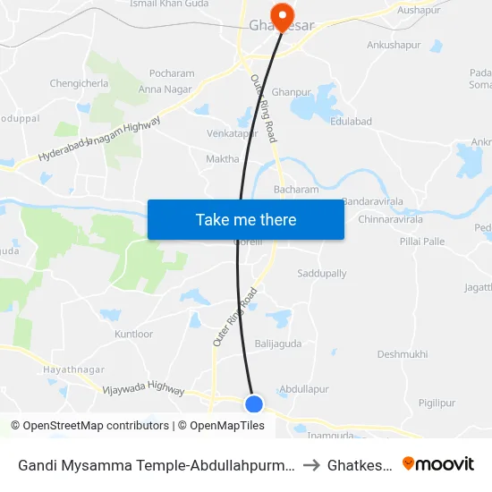 Gandi Mysamma Temple-Abdullahpurmet to Ghatkesar map