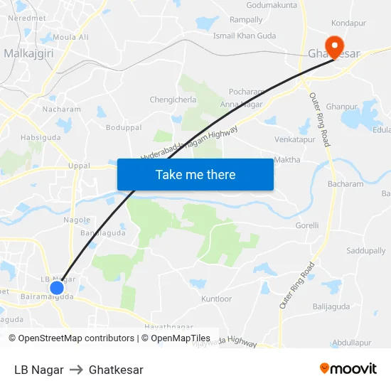 LB Nagar to Ghatkesar map