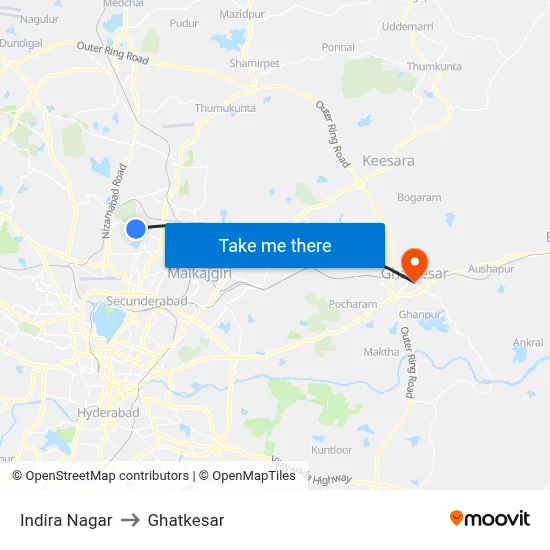 Indira Nagar to Ghatkesar map
