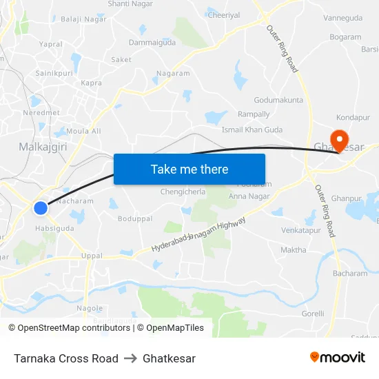 Tarnaka Cross Road to Ghatkesar map