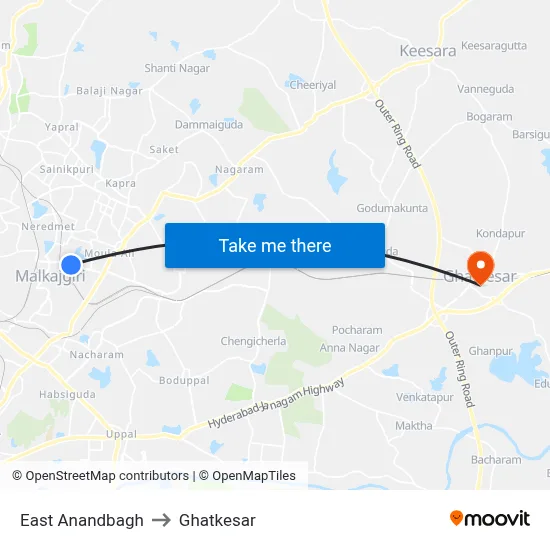 East Anandbagh to Ghatkesar map