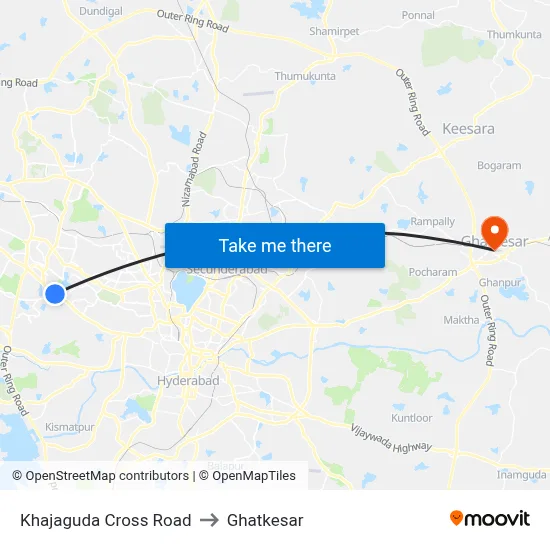 Khajaguda Cross Road to Ghatkesar map