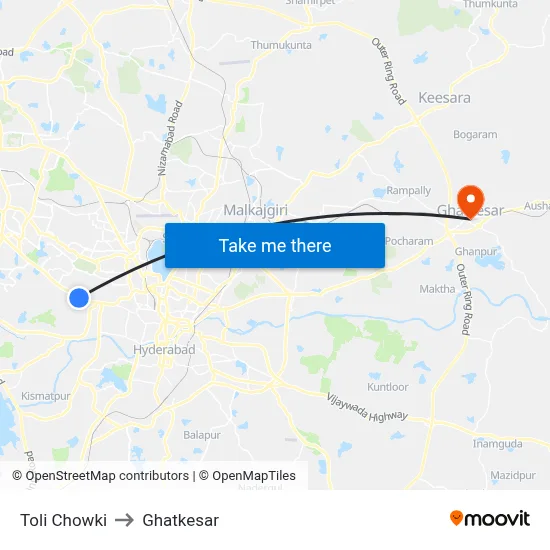 Toli Chowki to Ghatkesar map