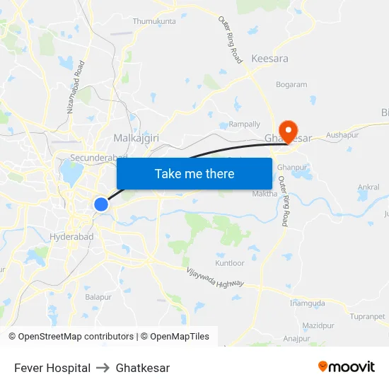 Fever Hospital to Ghatkesar map