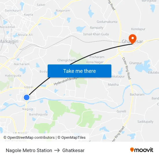 Nagole Metro Station to Ghatkesar map