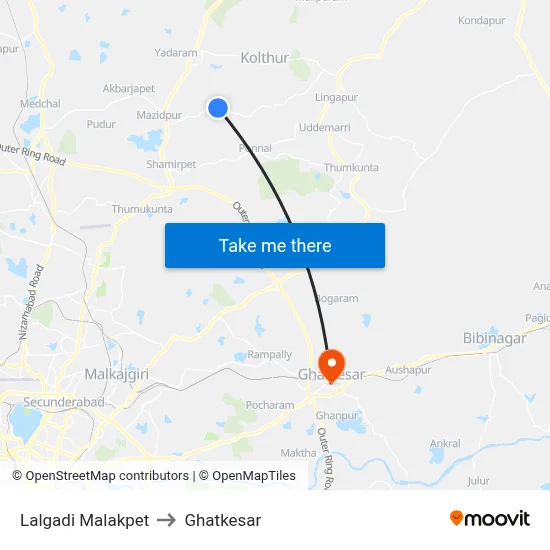 Lalgadi Malakpet to Ghatkesar map