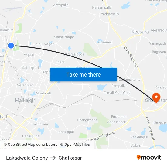 Lakadwala Colony to Ghatkesar map