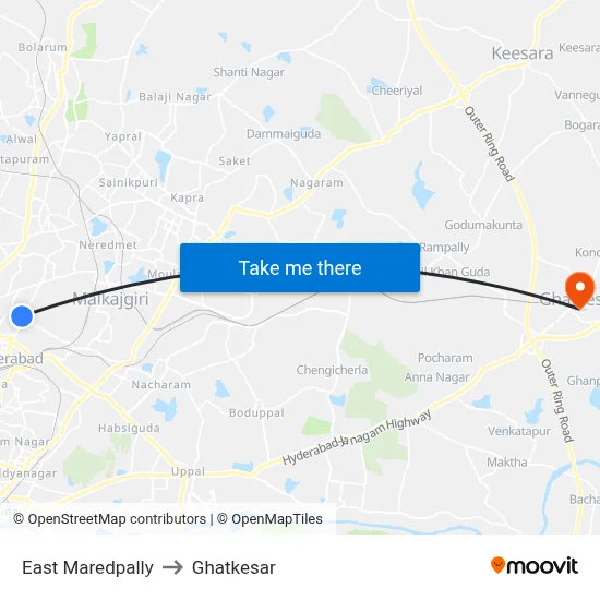 East Maredpally to Ghatkesar map