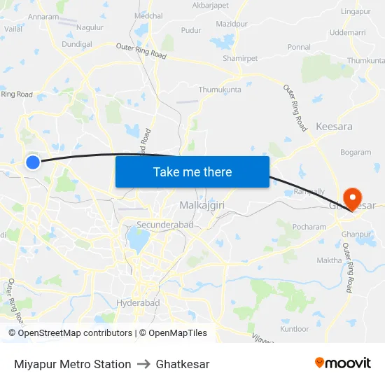 Miyapur Metro Station to Ghatkesar map