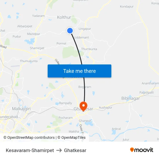Kesavaram-Shamirpet to Ghatkesar map
