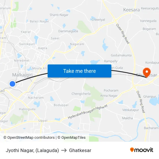 Jyothi Nagar, (Lalaguda) to Ghatkesar map