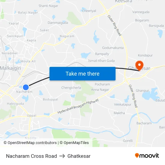 Nacharam Cross Road to Ghatkesar map