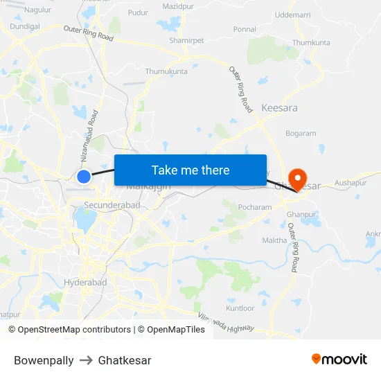 Bowenpally to Ghatkesar map