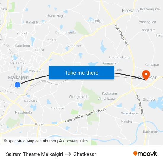 Sairam Theatre Malkajgiri to Ghatkesar map
