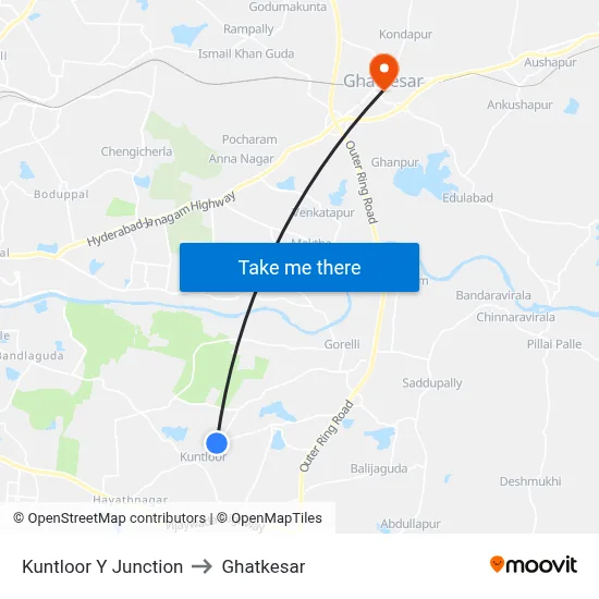 Kuntloor Y Junction to Ghatkesar map