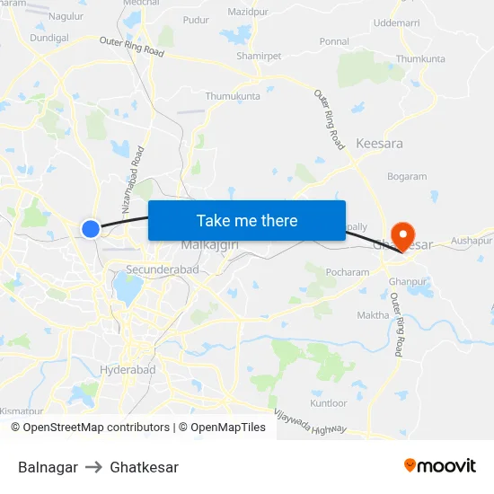 Balnagar to Ghatkesar map