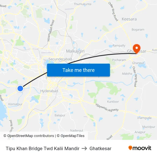 Tipu Khan Bridge Twd Kalii Mandir to Ghatkesar map