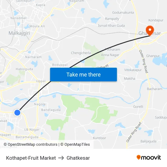 Kothapet-Fruit Market to Ghatkesar map