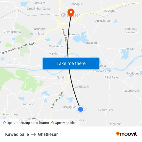 Kawadipalle to Ghatkesar map