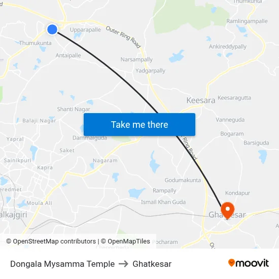 Dongala Mysamma Temple to Ghatkesar map