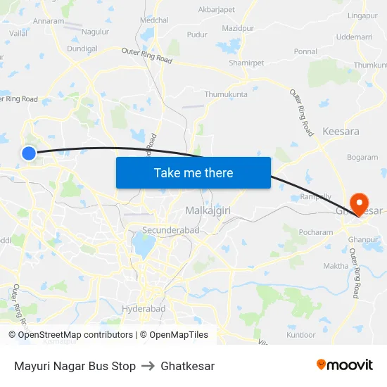 Mayuri Nagar Bus Stop to Ghatkesar map