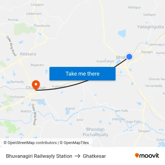 Bhuvanagiri Railwayly Station to Ghatkesar map