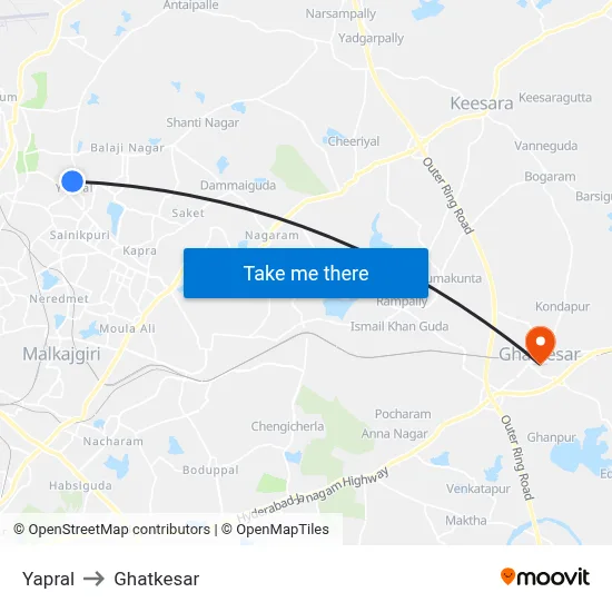 Yapral to Ghatkesar map