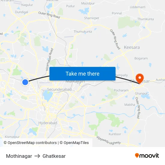 Mothinagar to Ghatkesar map