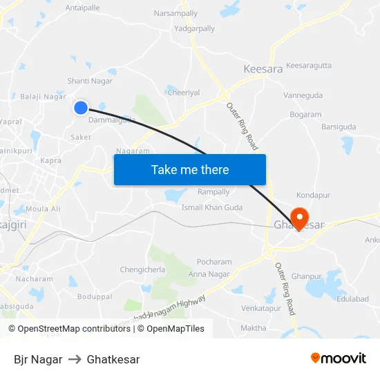 Bjr Nagar to Ghatkesar map